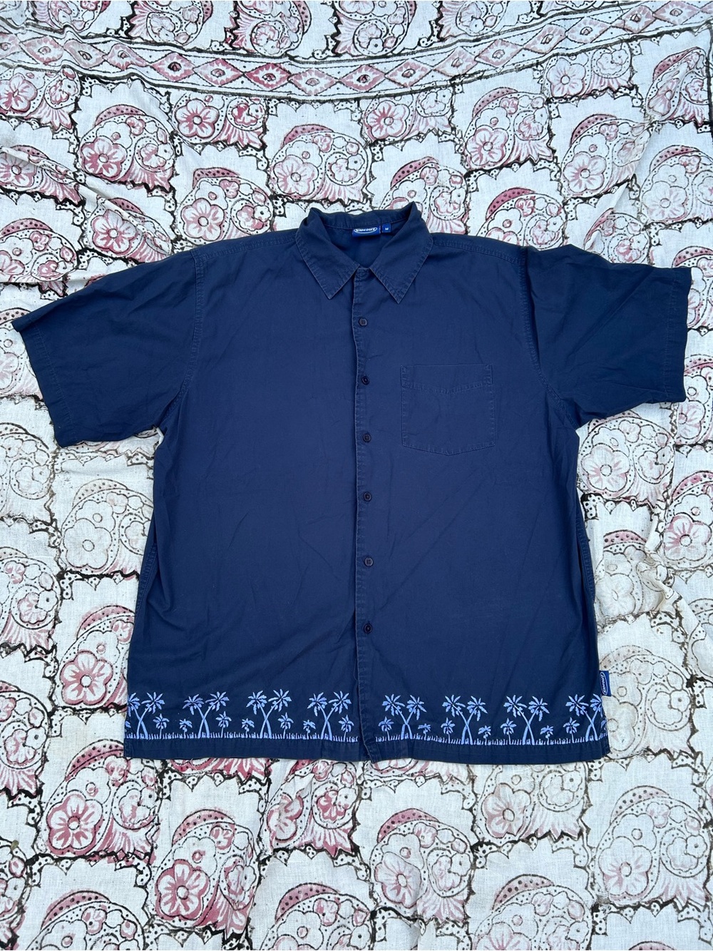 Navy Short-Sleeve Button-Down Shirt with Palm Border